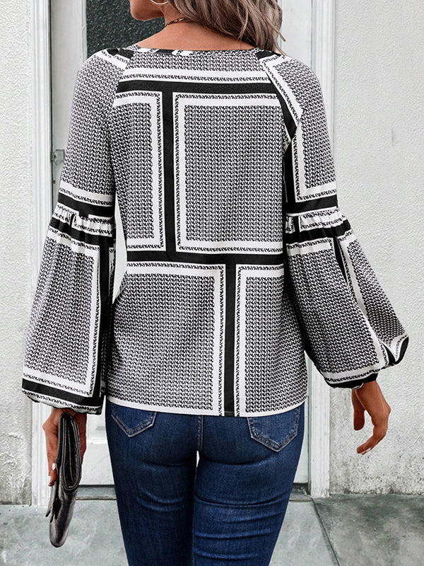 Long Sleeves Loose Elasticity Print Tied V-Neck Blouses&Shirts Tops