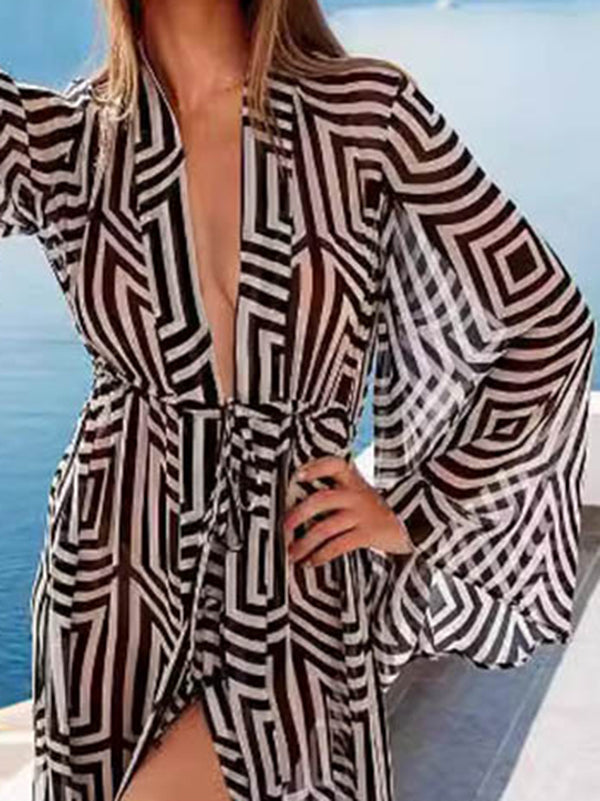 Robe cache-maillot ample à manches évasées, à lacets, transparente, fendue, décolleté en V profond