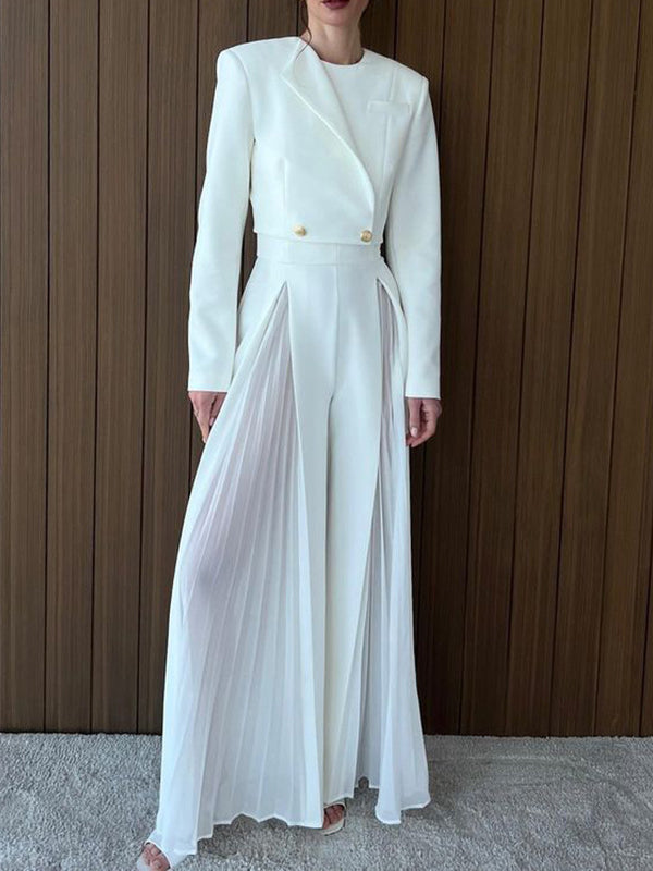 Long Sleeves Buttoned Solid Color Split-Joint Round-Neck Blazers Top + Zipper Wide Leg Mesh Pleated Pants Bottom Two Pieces Set