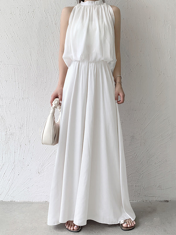 Pantalon culotte taille haute ample et élastique plissé de couleur unie