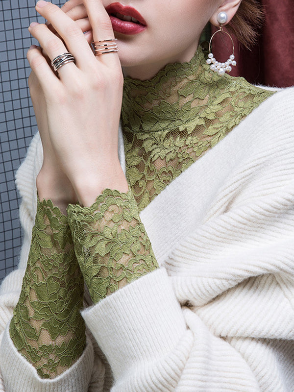 Long Sleeves Plus Size Gauze See-Through Split-Joint High Neck T-Shirts