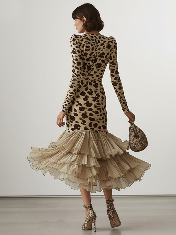 Bodycon High-Low Contrast Color Leopard Ruffled Split-Joint Deep V-Neck Midi Dresses
