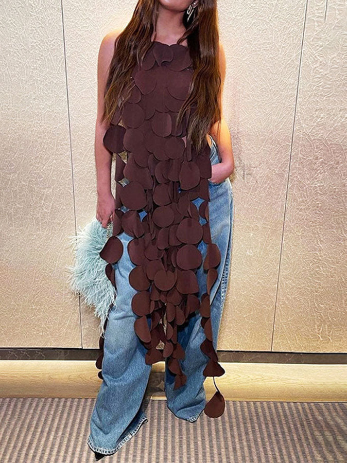 Haut sans manches à col montant et à volants irréguliers, couleur unie, ample, ajouré, à pois, fendu sur le côté