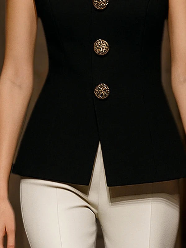 Sleeveless Buttoned Solid Color Round-Neck Vest Top