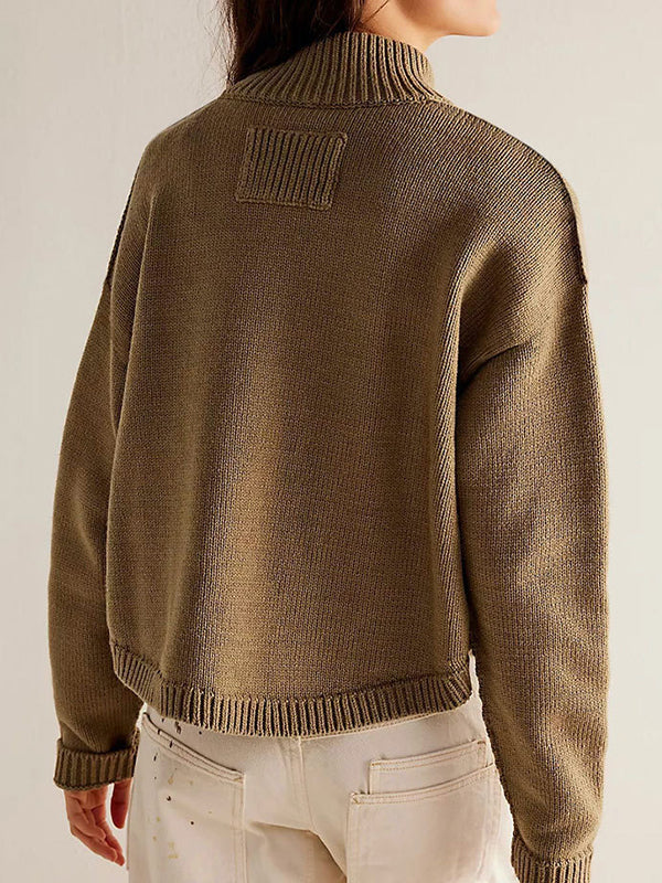 Long Sleeves Loose Buttoned Pockets Solid Color Split-Joint Stand Collar Cardigan Tops