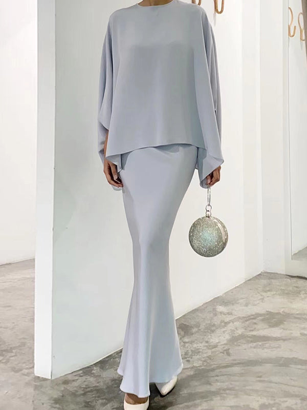 Batwing Sleeves Pearl Solid Color Round-Neck Shirts&Skirts Suits