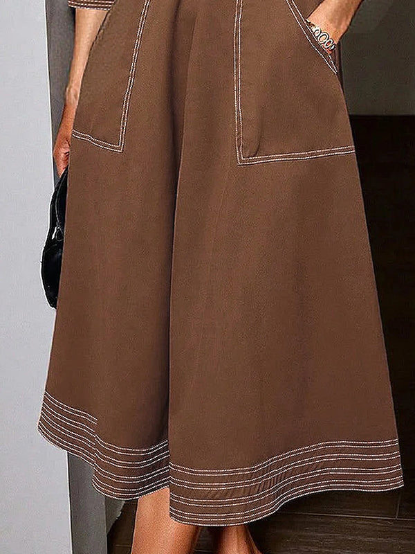 Long Sleeves Loose Buttoned Elasticity Pockets Solid Color Lapel Maxi Dresses