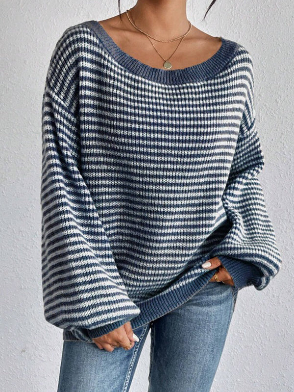 Long Sleeves Loose Contrast Color Split-Joint Striped Off-The-Shoulder Pullovers Sweater Tops