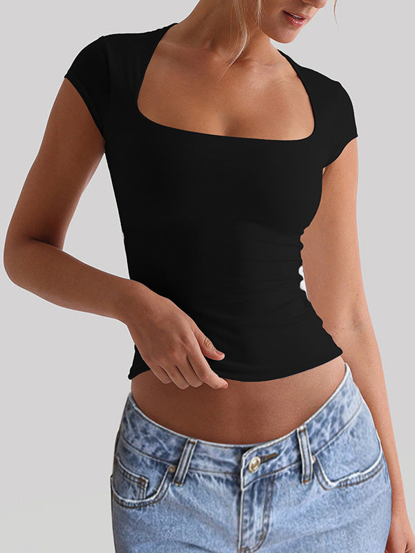 Short Sleeves Skinny Solid Color Square-Neck T-Shirts Tops BLACK
