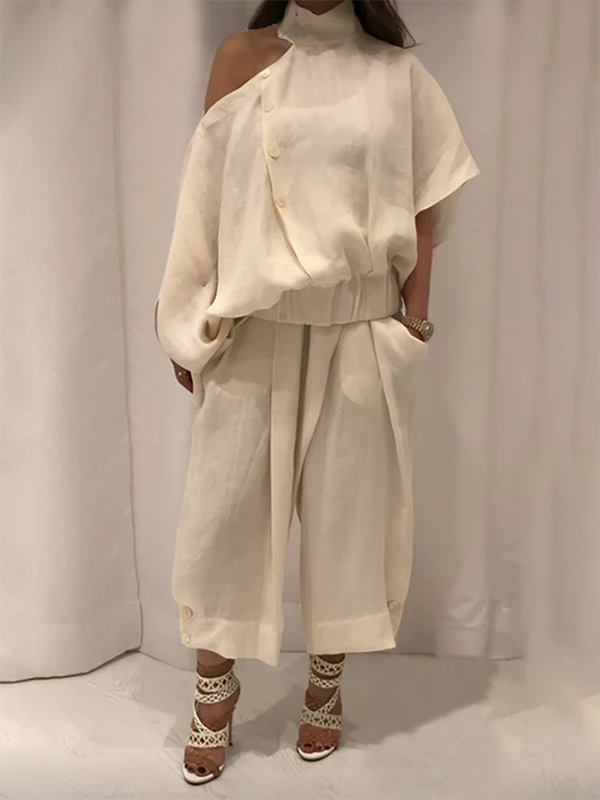 Loose Wide Leg Buttoned Solid Color Casual Pants Bottoms Trousers