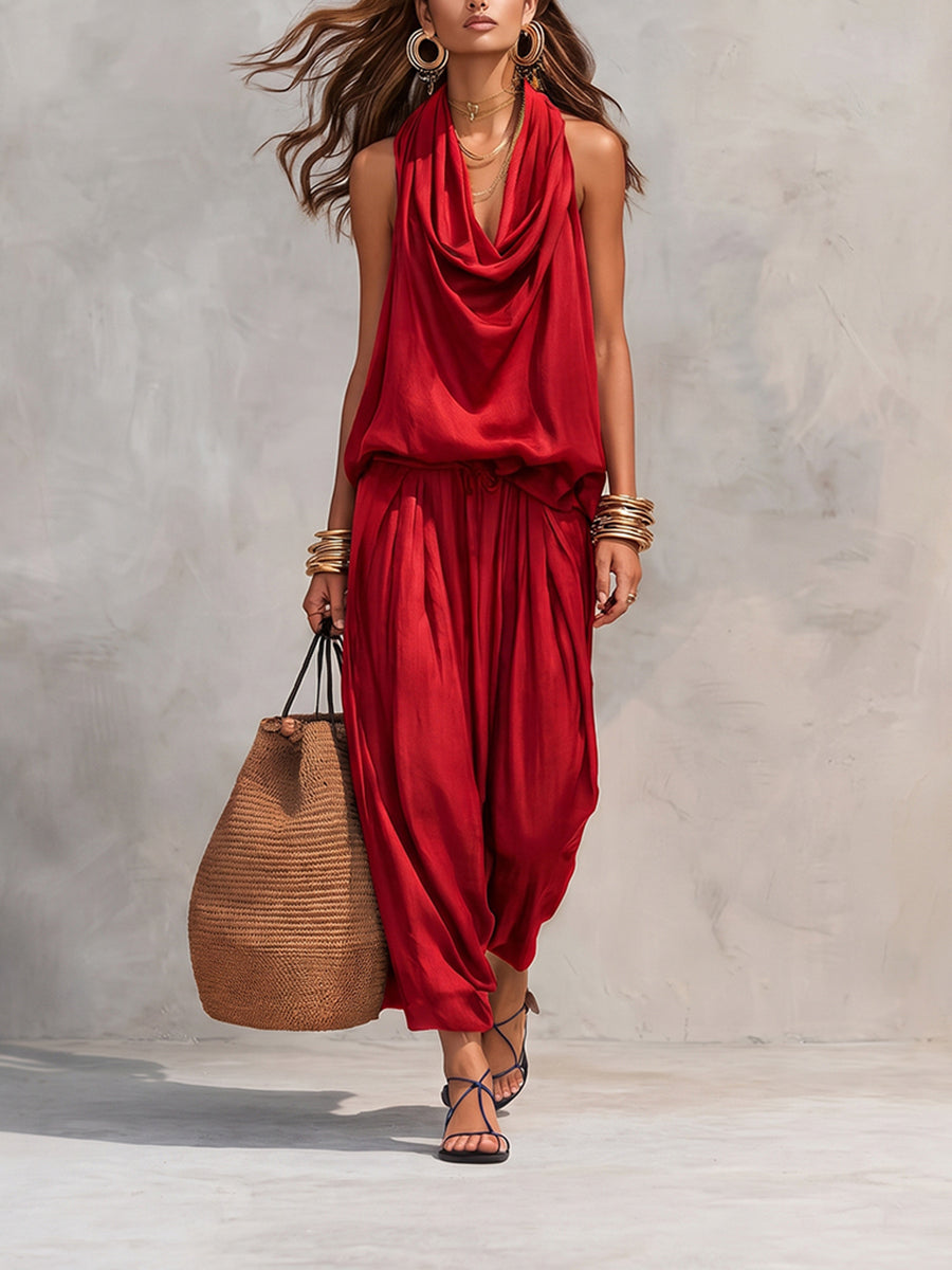 Loose Plus Size Solid Color Heaps Collar Blouses&Shirts Tops + High Waisted Drawstring Elasticity Pockets Pants Trousers Two Pieces Set