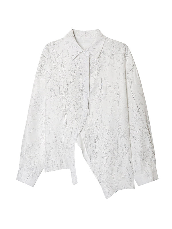 Irregularity Long Sleeves Abstract Printed Asymmetric Buttoned Wrinkled Lapel Blouses&Shirts Tops