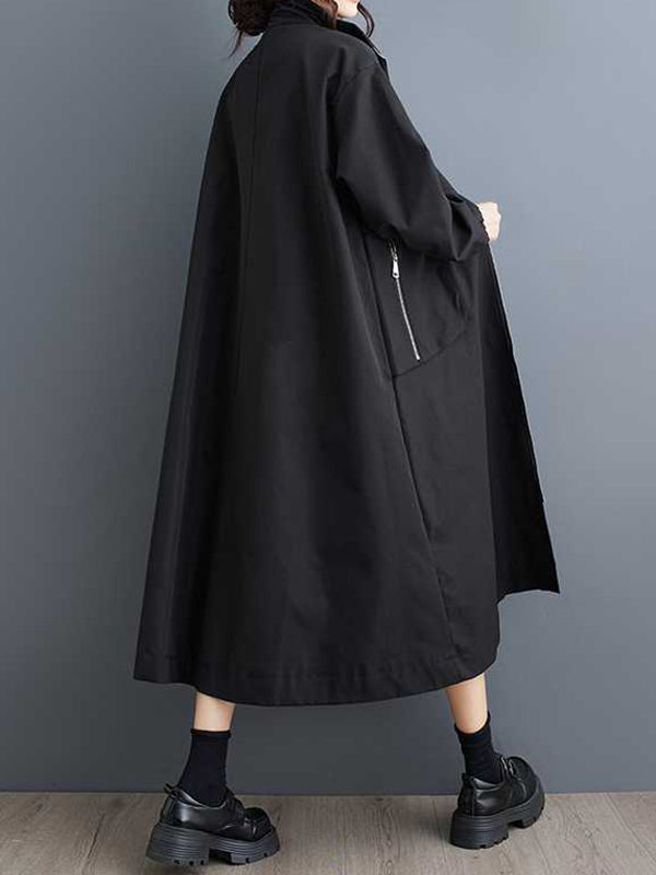 Long Sleeves Loose Elasticity Pockets Split-Joint Zipper High Neck Outerwear Trench Coats