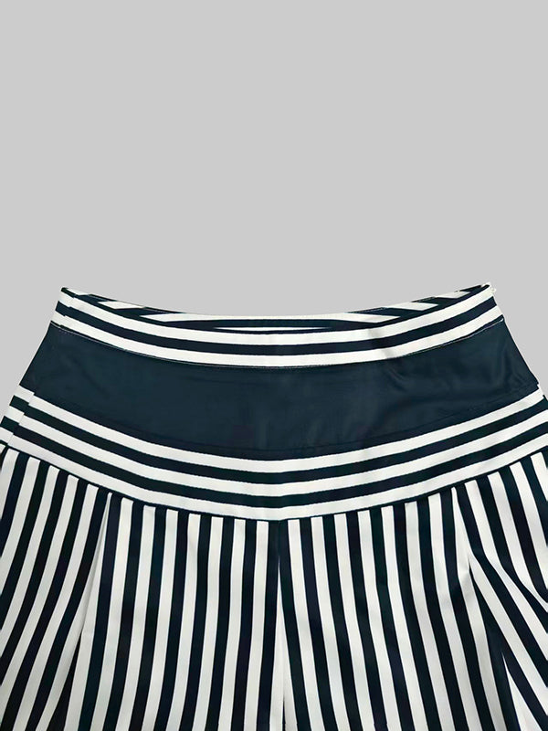 Loose Wide Leg Contrast Color Pockets Split-Joint Striped Pants Trousers