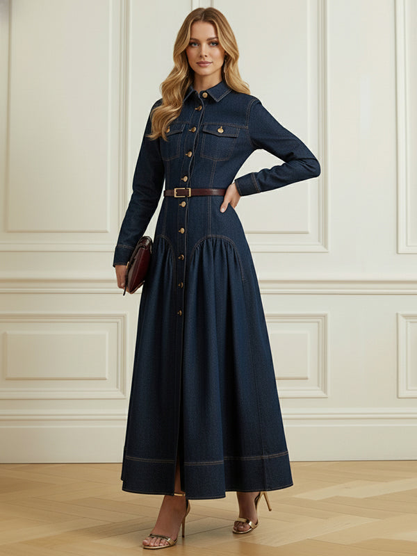 A-Line Elasticated Waist Belted Buttoned Single-Breasted Lapel Collar Maxi Dresses Shirt Dress