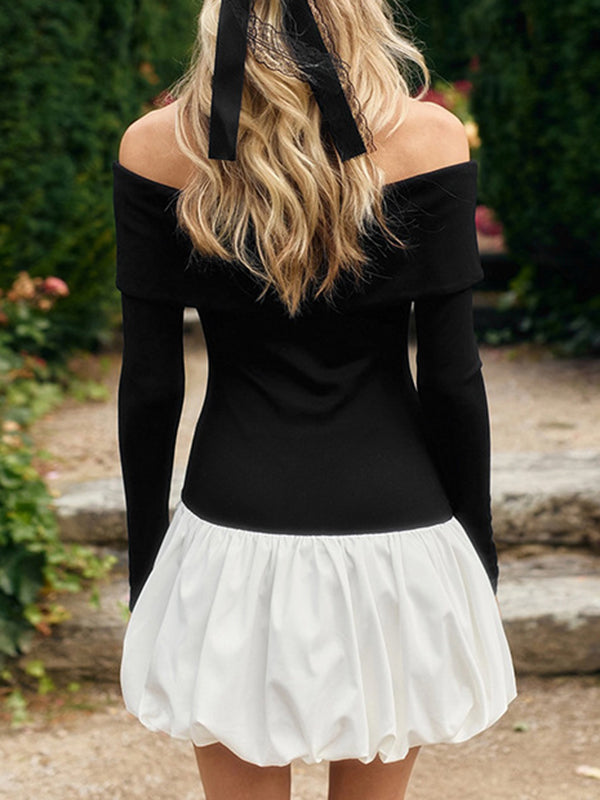 Mini-robes taille haute, manches longues, couleur contrastée, plissées, fendues, épaules dénudées