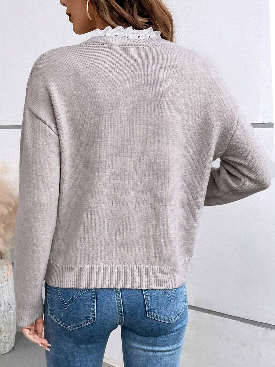 Split-Joint Ribbed Contrast Color Loose Long Sleeves V-neck Sweater