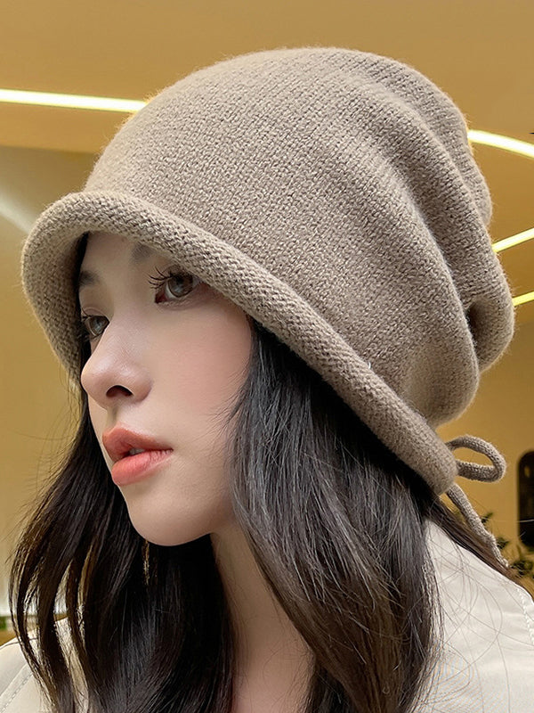 Einfarbige Strickmütze mit Kordelzug zum Warmhalten