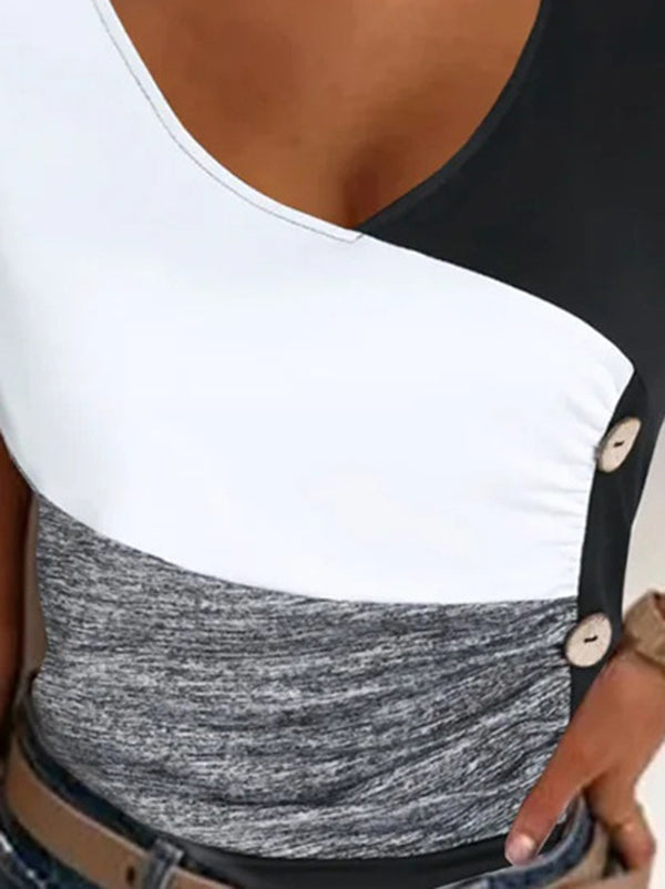 Haut moulant sans manches à col en V et plis élastiques de couleur contrastée