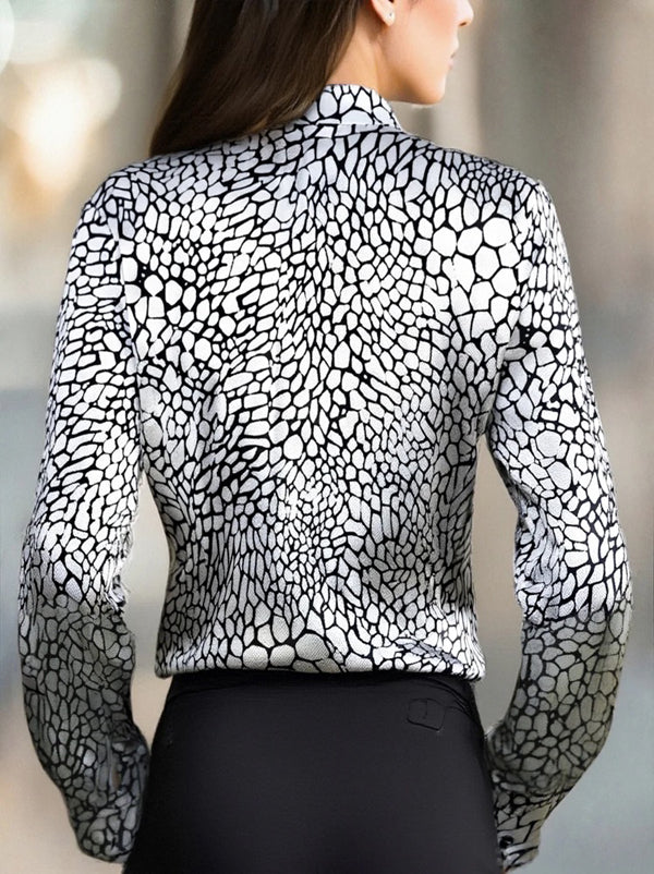 Long Sleeves Buttoned Contrast Color Printed Lapel Blouses&Shirts Tops