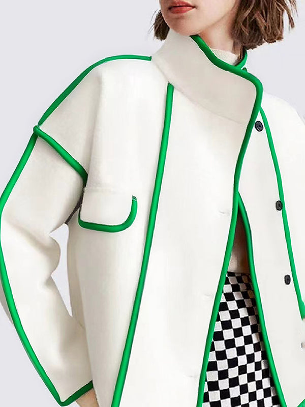 Lange Ärmel, lockere, geknöpfte Kontrastfarbentaschen, geteilter Stehkragen, Wollmantel