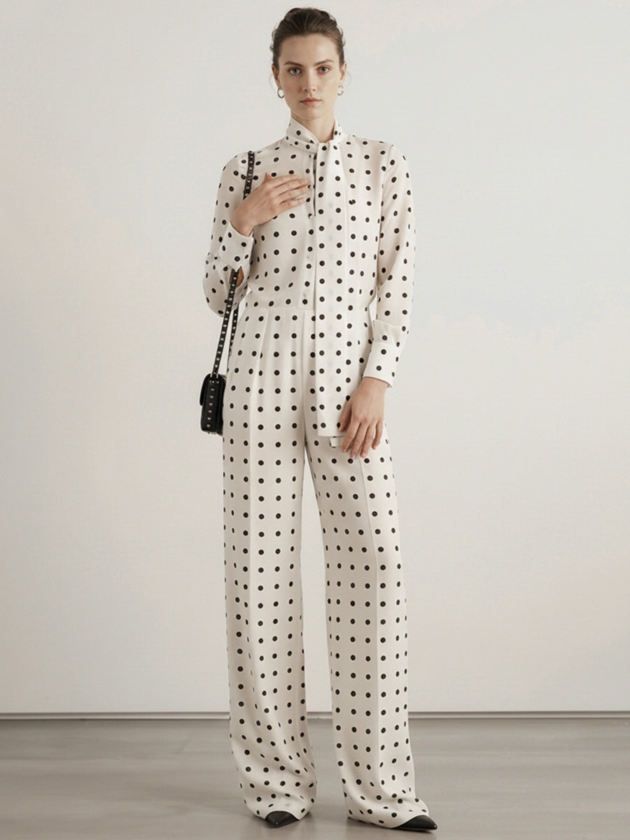 Long Sleeves Skinny Contrast Color Polka-Dot Split-Joint Streamer Scarf Collar Jumpsuits