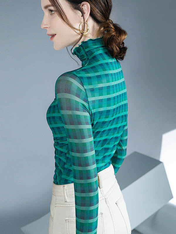 Long Sleeves Skinny Contrast Color Plaid Pleated Split-Joint High-Neck Blouses&Shirts Tops