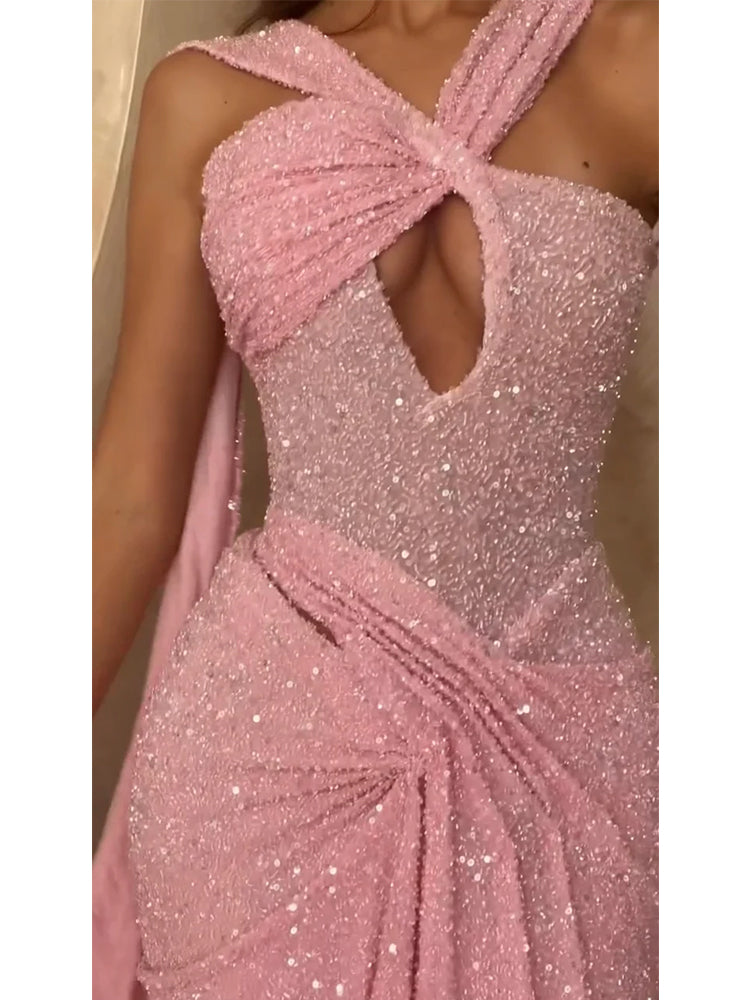 Solid Color Halter Sleeveless Sequin Glitter Dress