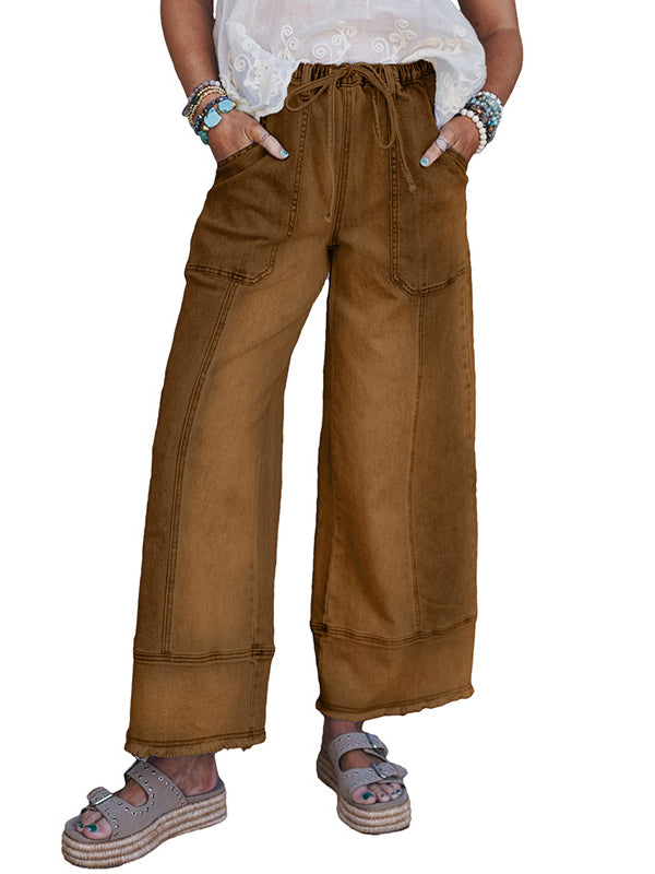 High Waisted Loose Drawstring Fringed Pockets Solid Color Jean Pants Bottoms