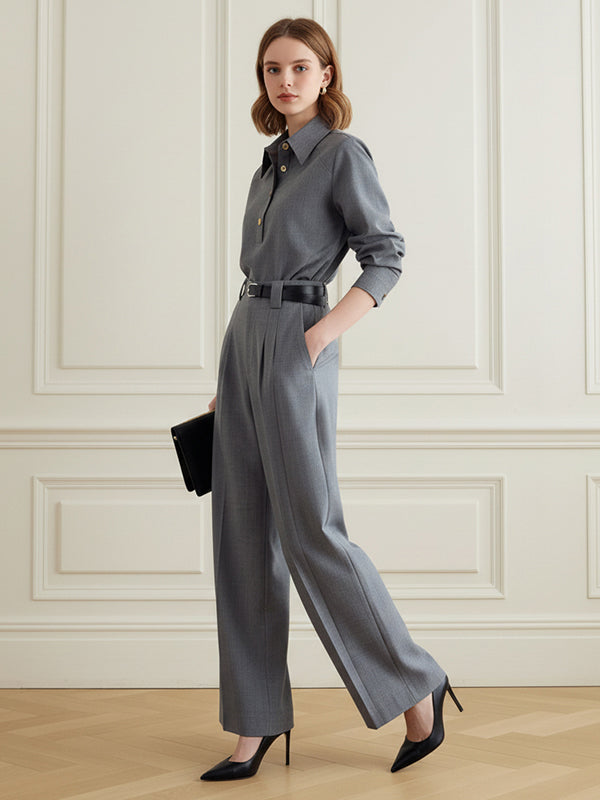 Buttoned Contrast Color Split-Joint Lapel Blouses&Shirts Tops + Elasticated Waist High Waisted Belted Pleated Pants Two Pieces Set
