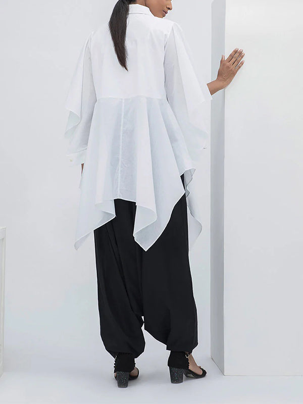 Chemisiers et chemises à manches évasées, manches mi-longues, boutonnés, couleur unie, à revers fendus