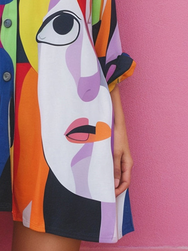 Lange Ärmel, locker, abstrakt bedruckt, asymmetrisch, geteiltes Revers, Minikleider, Hemdkleid