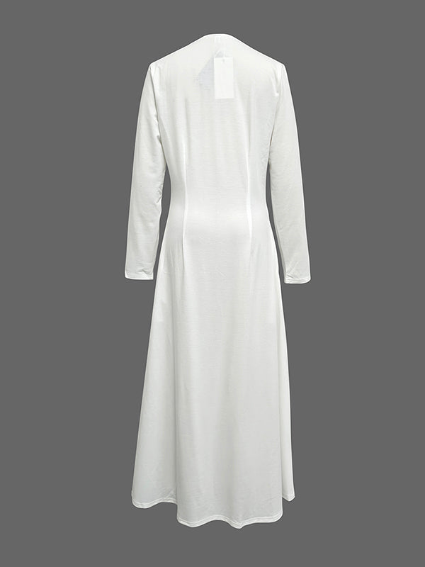 Long Sleeves Solid Color Zipper Round-Neck Maxi Dresses