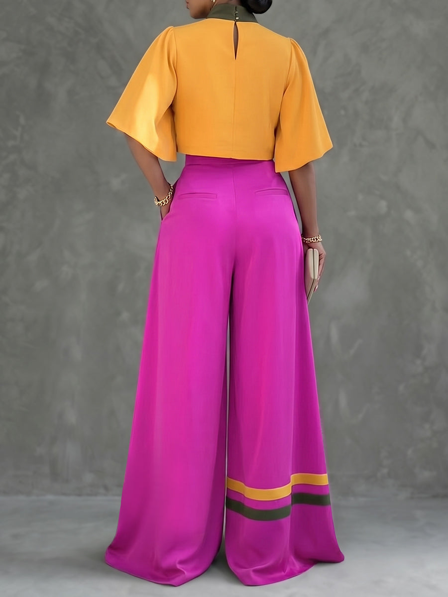 High Waisted Wide Leg Buttoned Contrast Color Pockets Pants Trousers