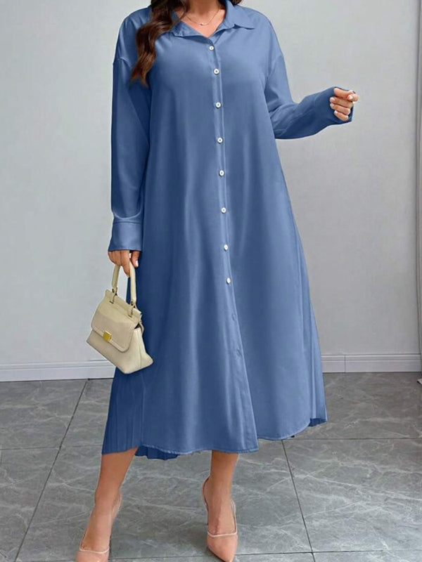 High-Low Long Sleeves Buttoned Pleated Solid Color Lapel Midi Dresses Shirt Dress