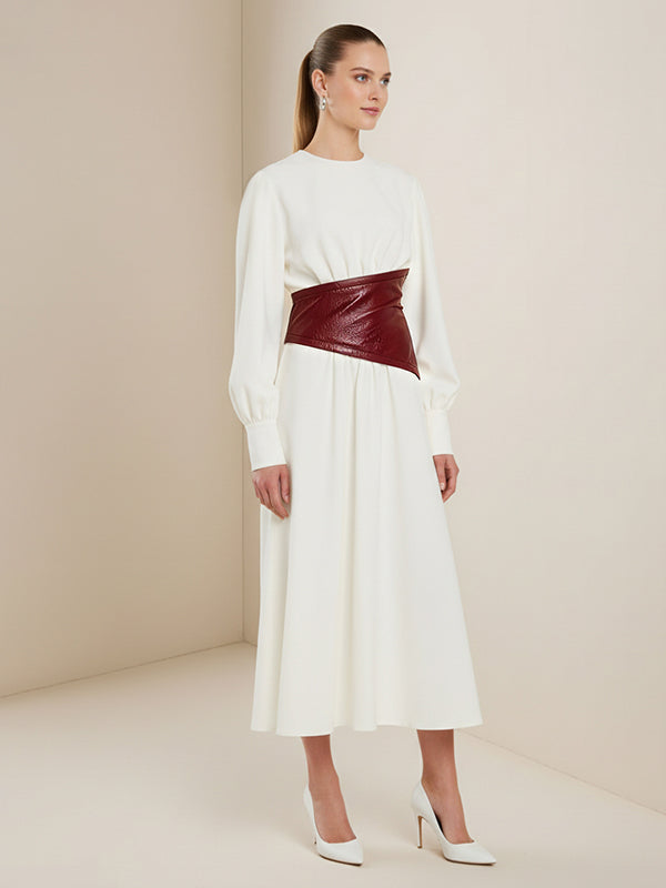 A-Line Puff Sleeves Alligator Print Buttoned Contrast Color Pleated Split-Joint Zipper Round-Neck Midi Dresses