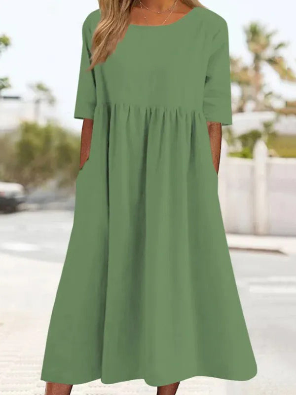 A-Line Half Sleeves Pleated Pockets Solid Color Round-Neck Midi Dresses