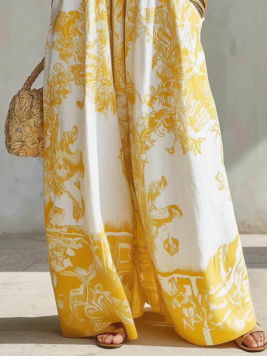 Loose Sleeveless Flower Print Pleated Pockets Spaghetti-Neck Jumpsuits