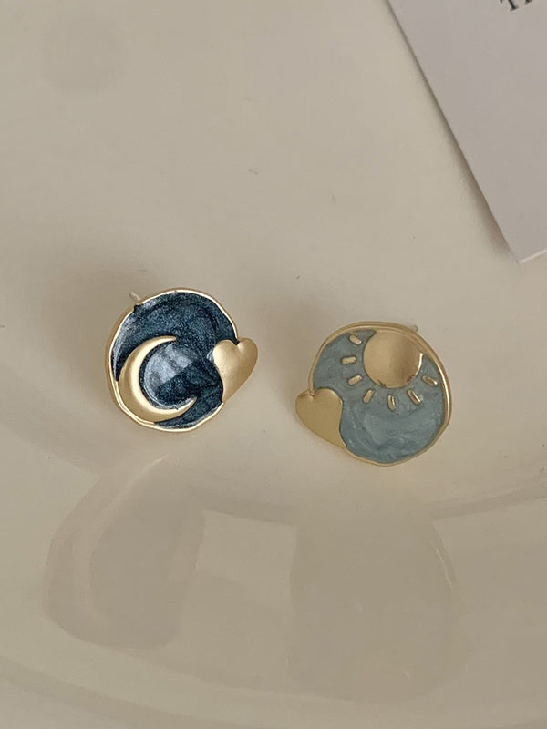 Vintage Asymmetric Sun Moon Shape Earrings