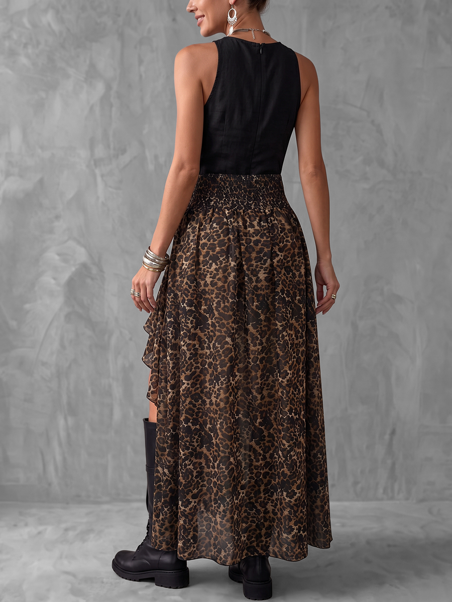 High Waisted High-Low Asymmetric Buckle Elasticity Leopard See-Through Split-Joint Skirts Bottoms