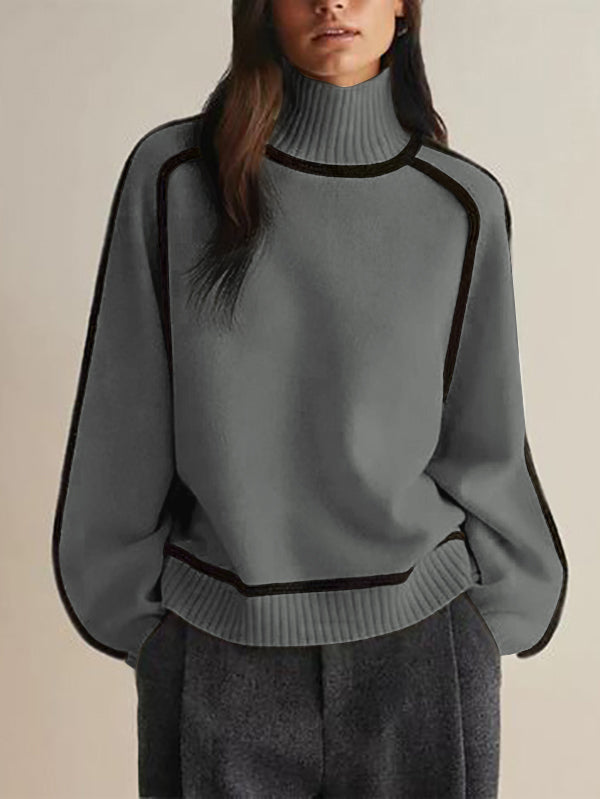 Long Sleeves Loose Contrast Color Split-Joint High Neck Pullovers Sweater Tops GRAY