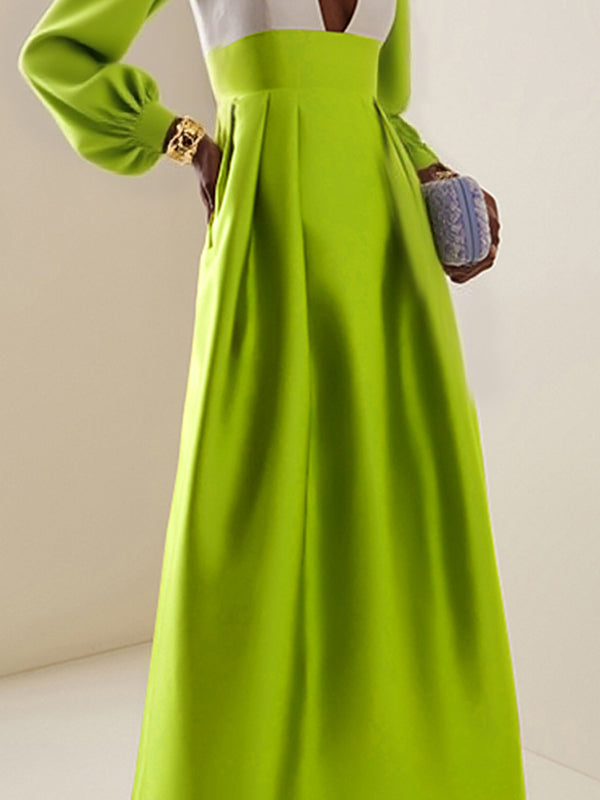 A-Line Long Sleeves Contrast Color Pleated Split-Joint V-Neck Maxi Dresses