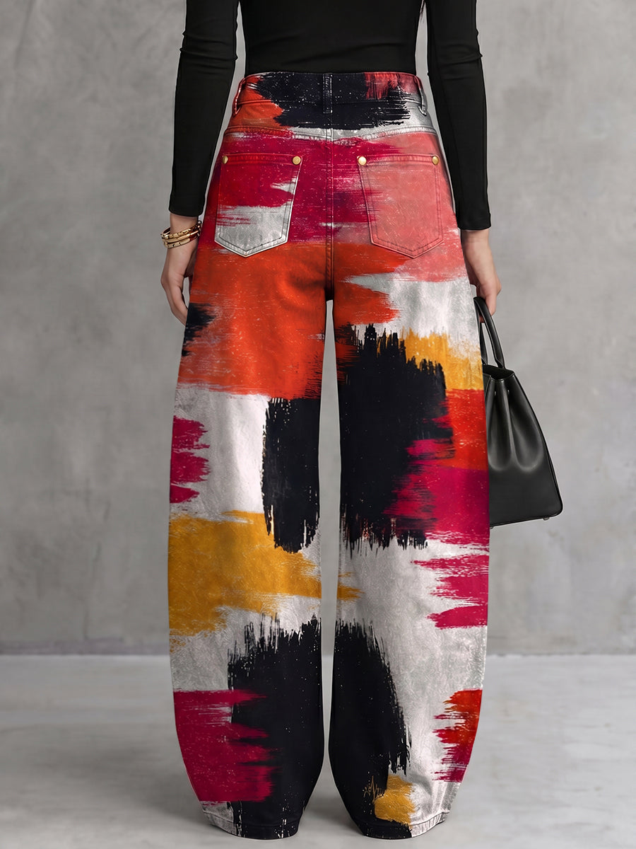 High Waisted Wide Leg Contrast Color Hollow Pockets Printed Pants Trousers
