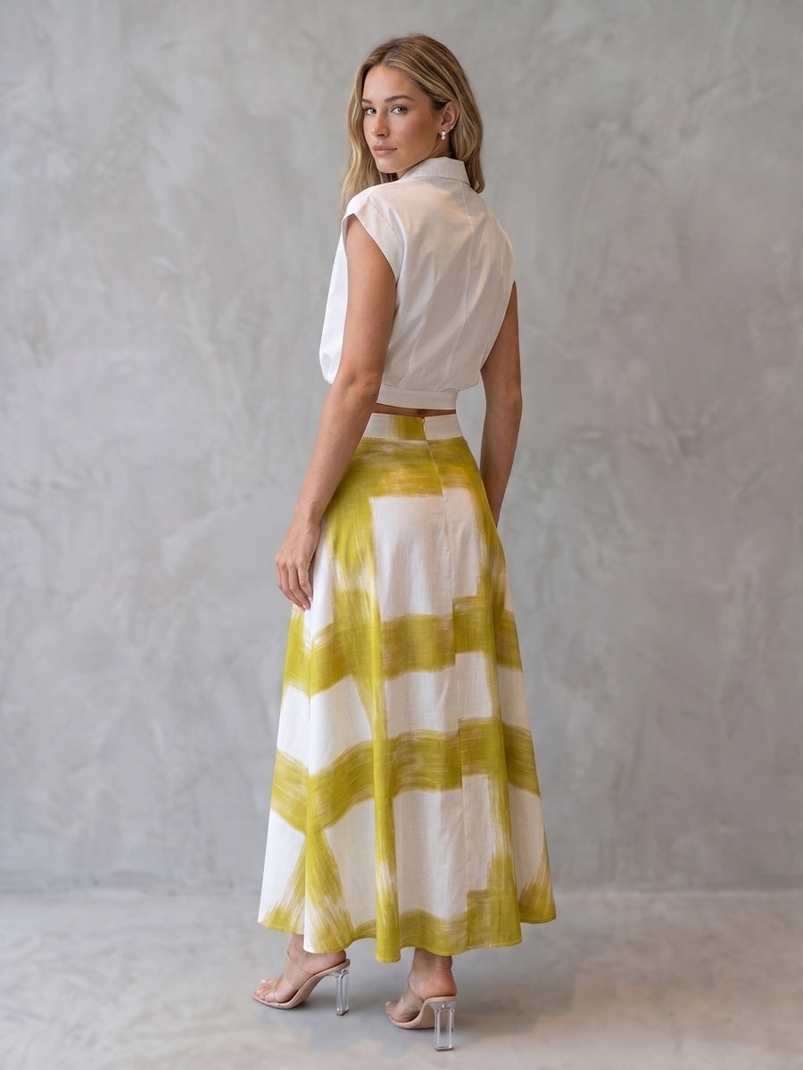 Buttoned Lapel Solid Color Blouses&Shirts Tops + Contrast Color A-Line High Waisted Printed Skirts Bottoms Two Pieces Set