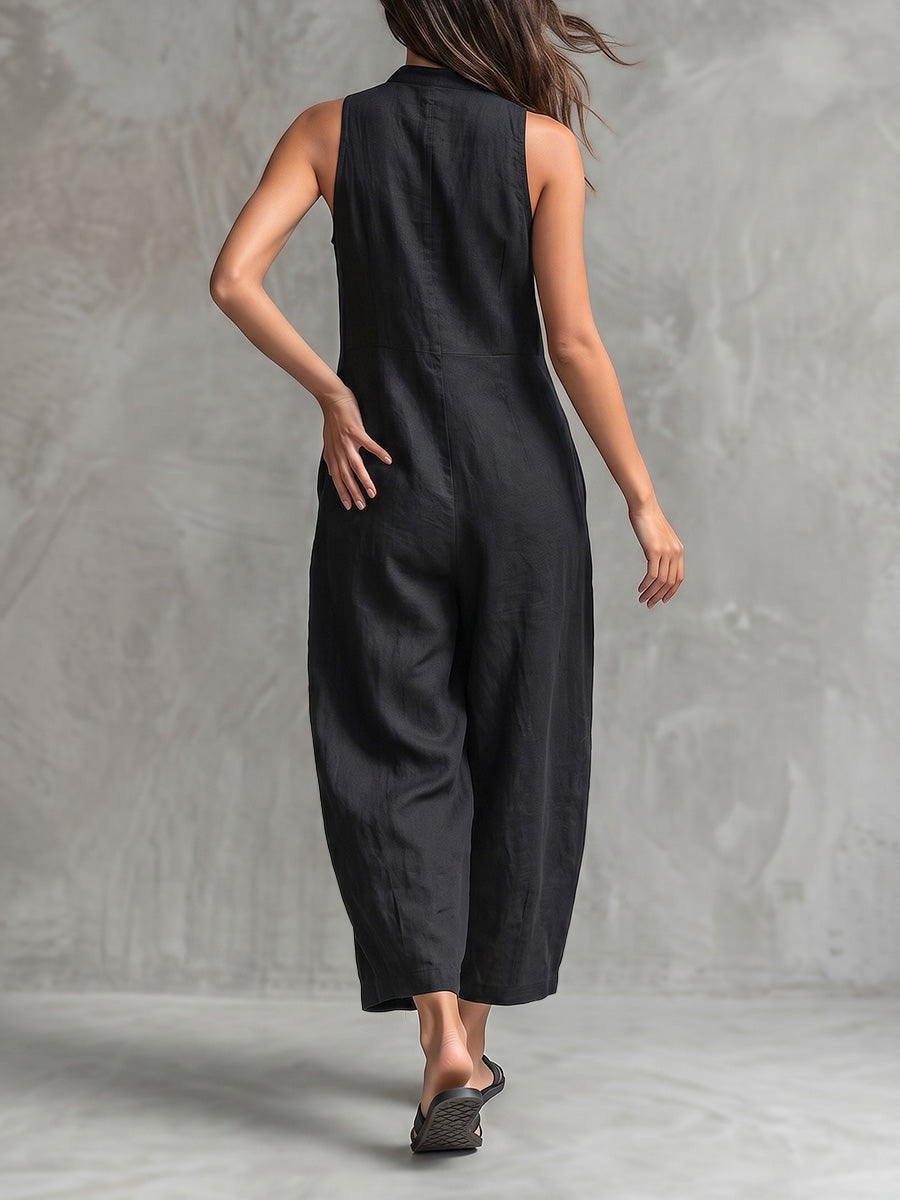 High Waisted Sleeveless Buttoned Pockets Solid Color Stand Collar Jumpsuits