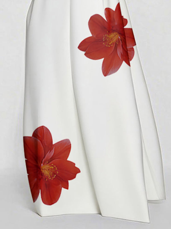 A-Line Sleeveless Asymmetric Floral Printed Split-Joint Round-Neck Maxi Dresses