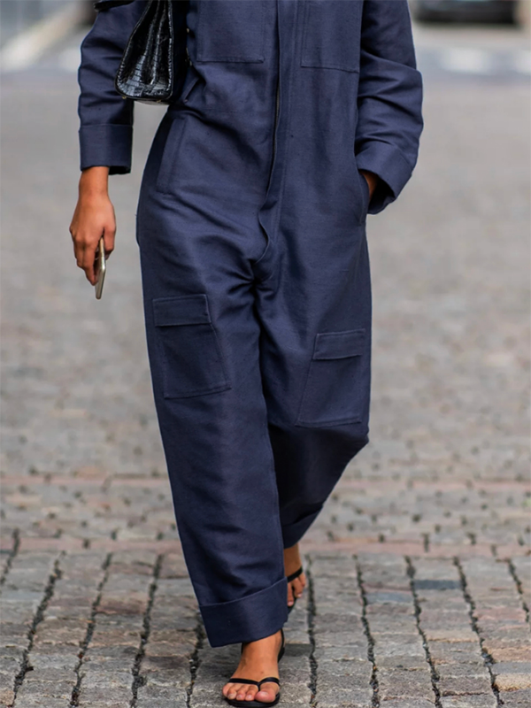Long Sleeves Loose Solid Color Zipper Lapel Jumpsuits