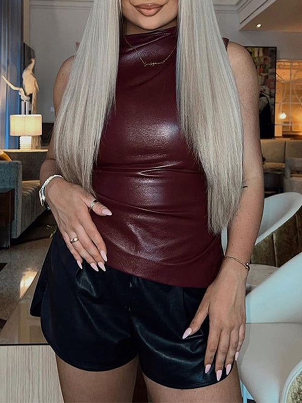 Haut moulant sans manches asymétrique plissé de couleur unie à col montant