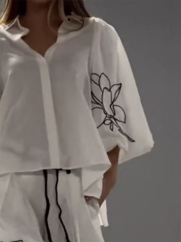 Loose Three-Quarter Sleeves Buttoned Flower Print Lapel Blouses&Shirts Tops