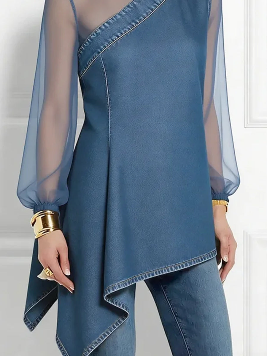 Split-Joint Mesh Asymmetric Puff Sleeves Long Sleeves Mock Neck Blouses&Shirts Tops